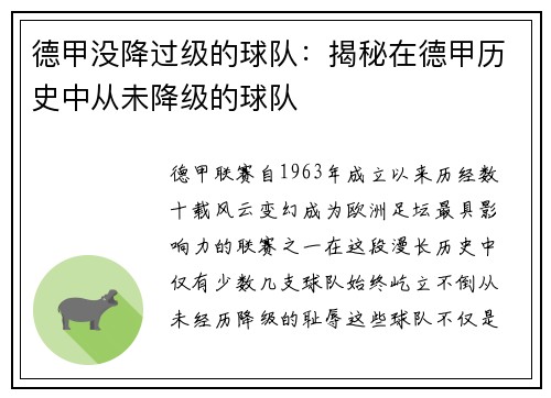 德甲没降过级的球队：揭秘在德甲历史中从未降级的球队