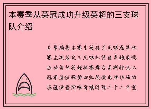 本赛季从英冠成功升级英超的三支球队介绍